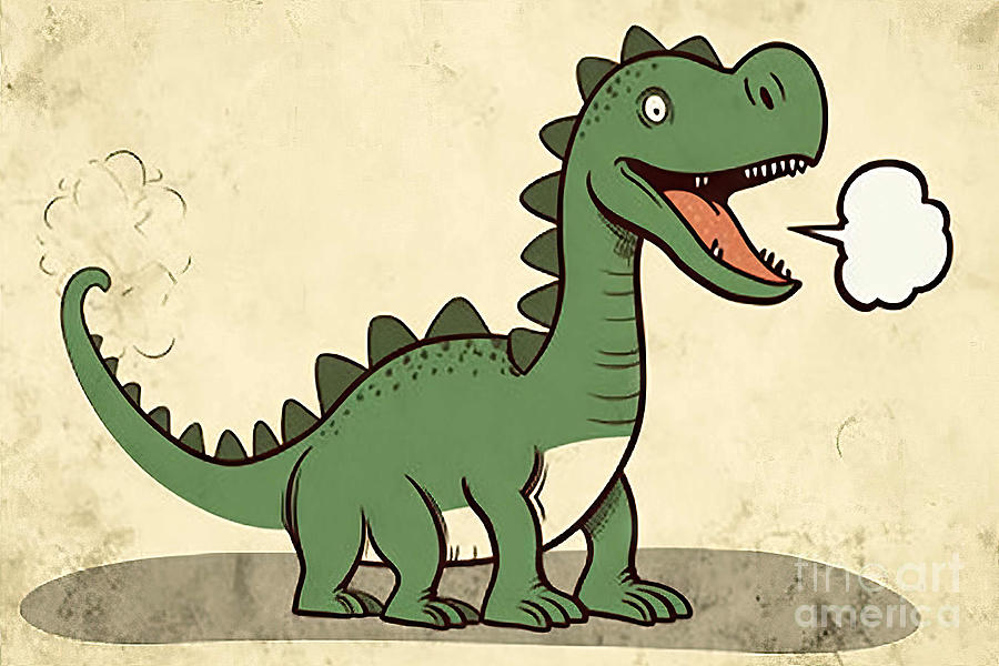 Dinosaur Painting - Retro Cartoon Dinosaur With Speech Bubble by N Akkash