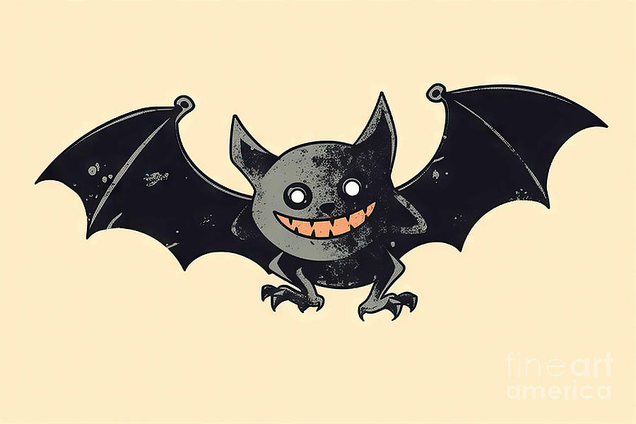 Halloween Painting - Retro Cartoon Flying Bat by N Akkash