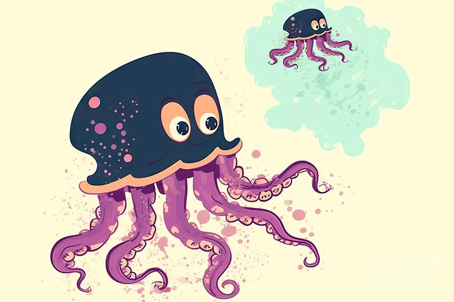 Animal Painting - Retro Cartoon Jellyfish by N Akkash