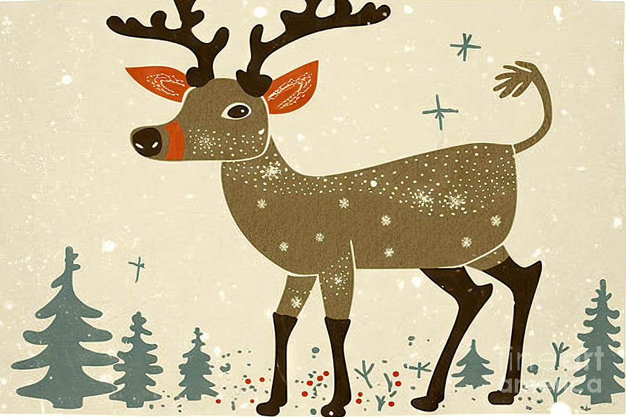 Christmas Painting - Retro Cartoon Reindeer by N Akkash