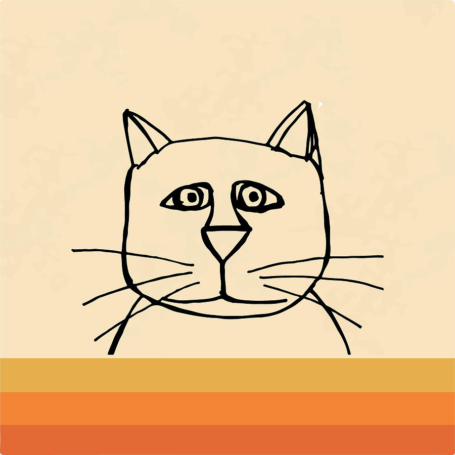 Cat Drawing - Retro cat one line drawing, Cute cat face line art poster, Vintage colors background by Mounir Khalfouf