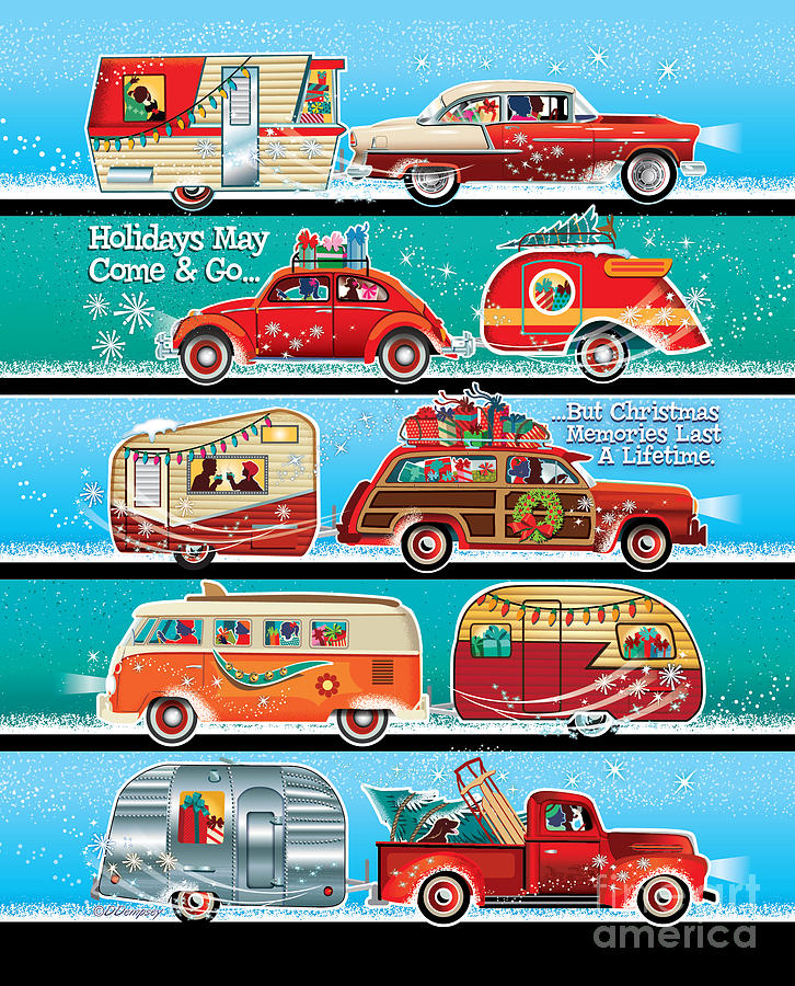 Retro Christmas Campers and Classic Cars Digital Art by Diane Dempsey