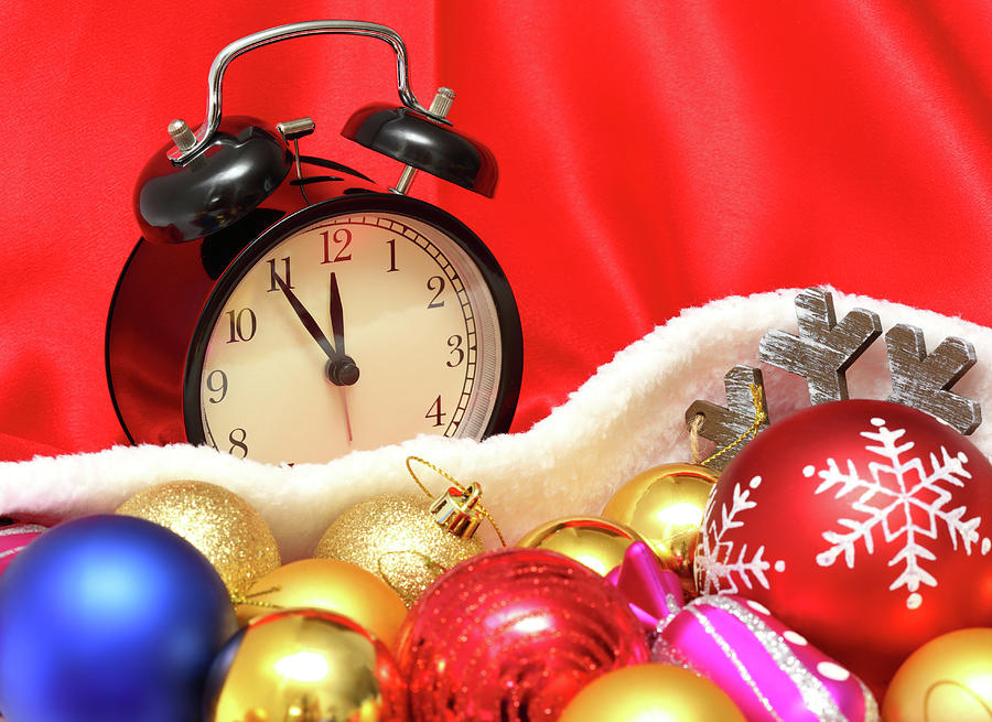 Retro clock and christmas balls and toys Photograph by Mikhail Kokhanchikov