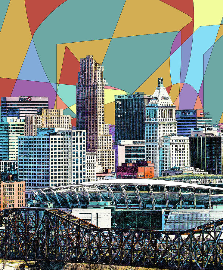 Retro Colored Cincinnati Skyline Digital Art by Dan Sproul