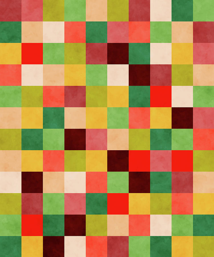Retro Geometric Mosaic Pattern - Red, Yellow, Green Digital Art