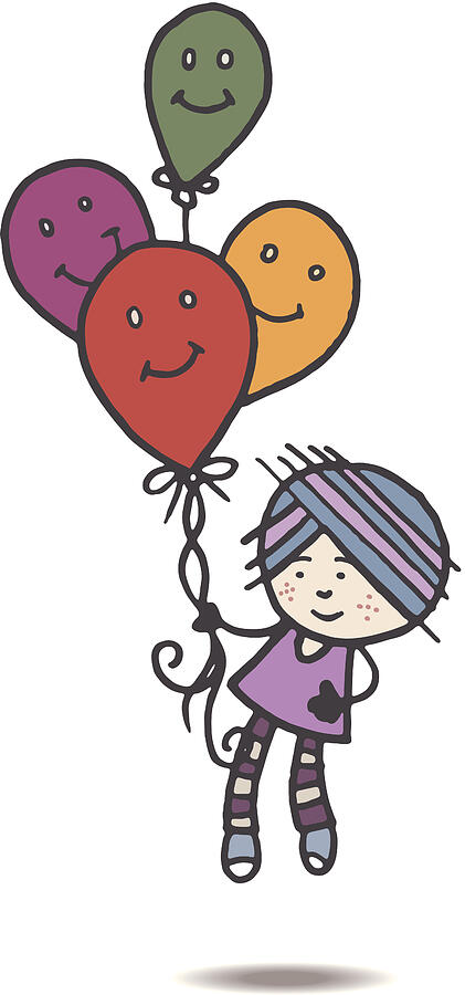 Retro girl floating away with balloons Drawing by Mightyisland