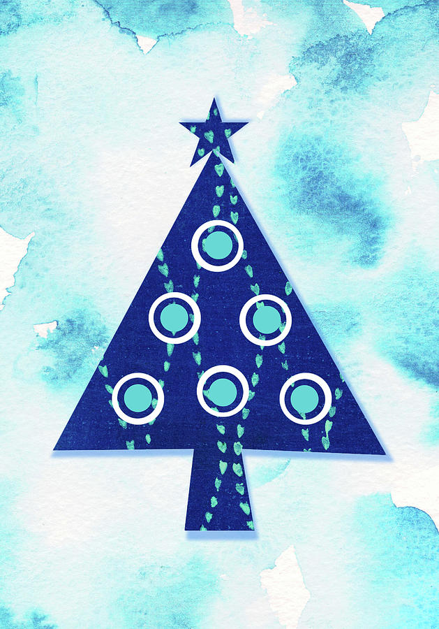 Retro Graphic Christmas Tree In Blue Digital Art