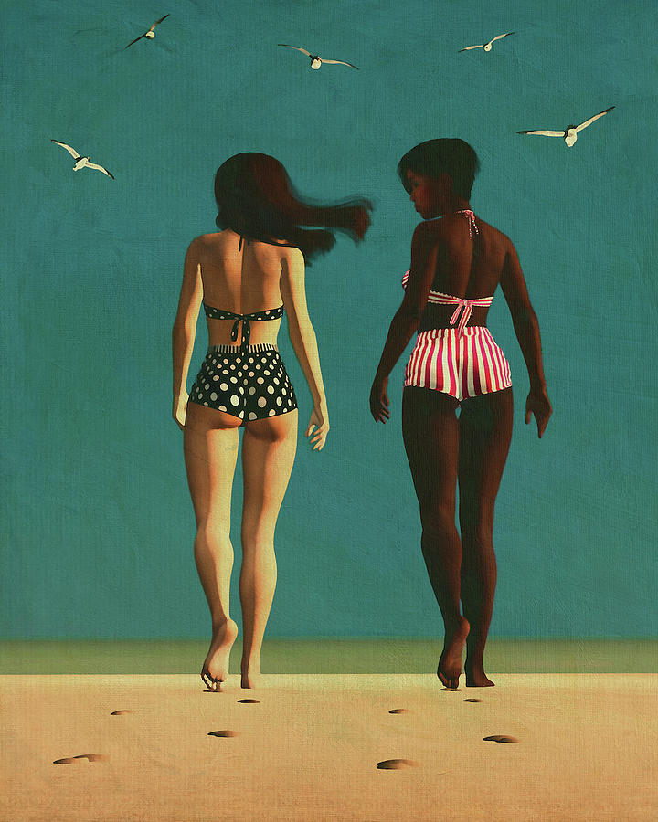 Retro Painting of Girls Walking on the Beach Digital Art by Jan Keteleer