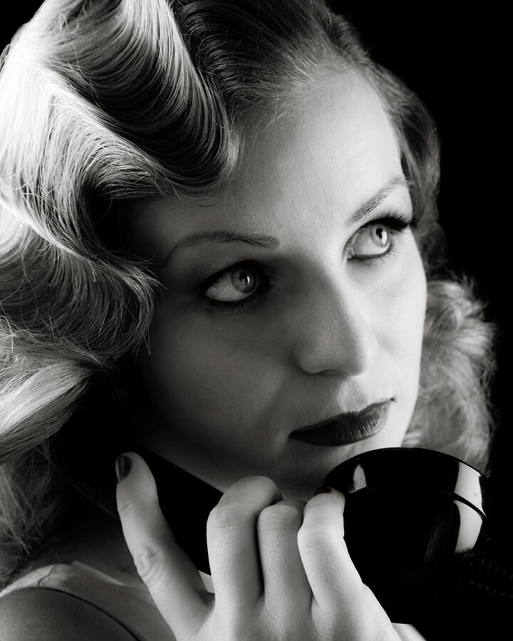 Retro Portrait of Woman on Old Telephone. Film-noir B&W. Photograph by SuperflyImages