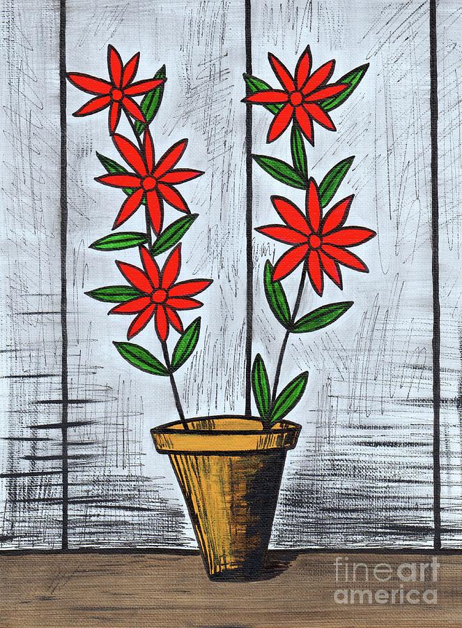 Retro Red Flowers in Yellow Pot Painting by Donna Mibus