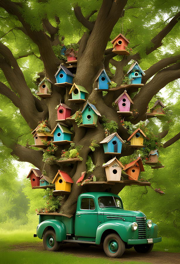 Retro Revival - Tree-Topped Truck with Birdhouse Delight Digital Art by Russ Harris
