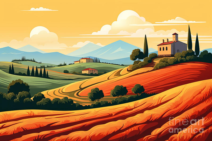 Retro style illustration of a vineyard and winery at sunset. Warm autumn tones of rolling hills and rows of vines. 1950s style travel poster. Digital Art by Jane Rix