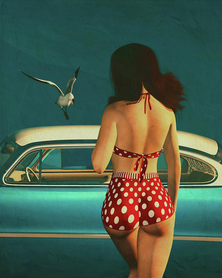 Retro Style Painting of a Girl and a Classic Car Digital Art by Jan Keteleer