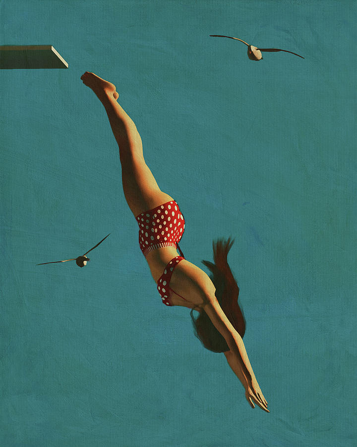 Retro Style Painting of a Girl Diving Into the Sea Digital Art by Jan Keteleer