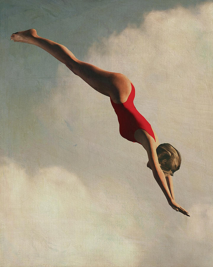 Retro Style Painting Of A Woman Diving Into The Cloud Digital Art by Jan Keteleer