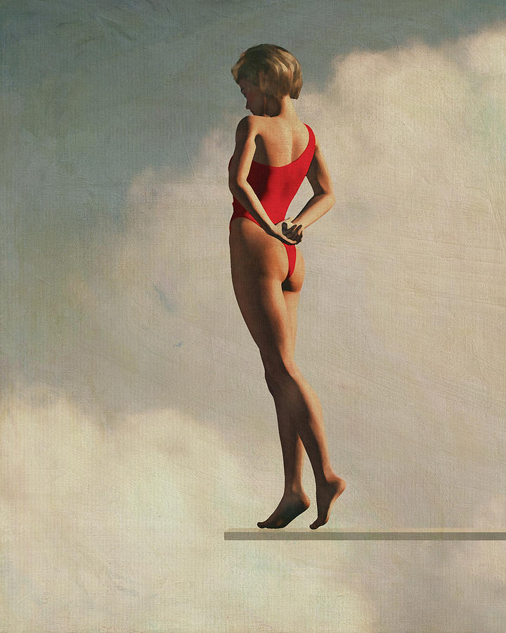 Retro Style painting of a woman on a diving board Digital Art by Jan Keteleer