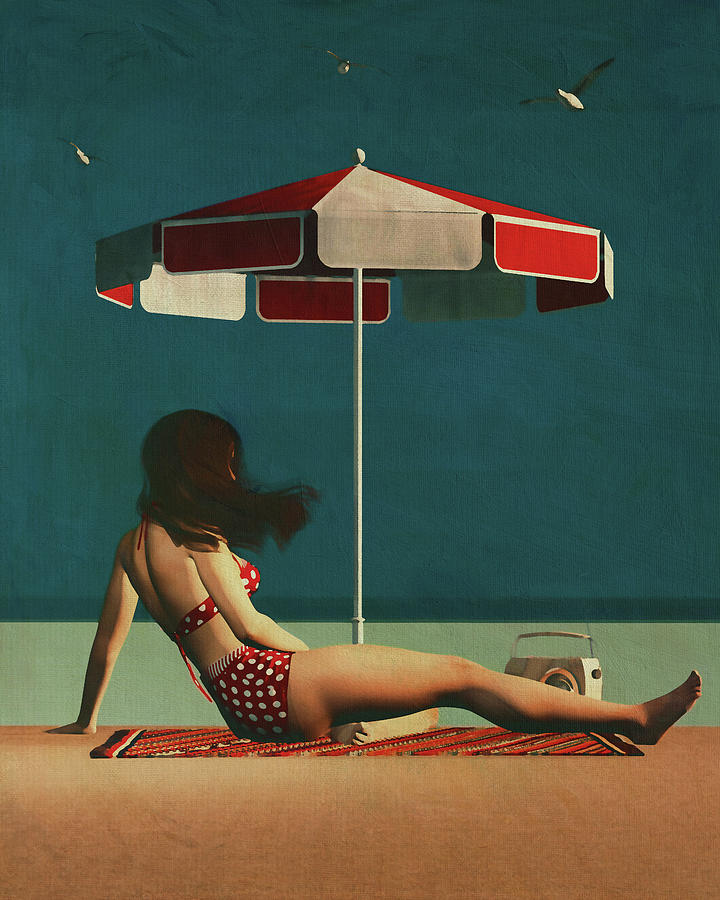 Retro Style Painting of a Woman on the Beach Digital Art by Jan Keteleer
