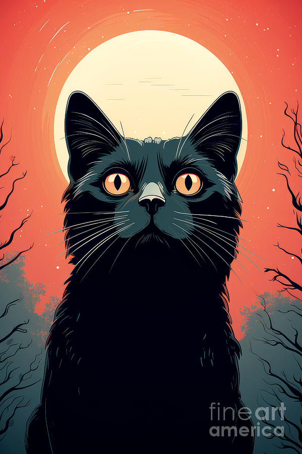 Illustration Of A Black Cat Against The Gleaming Moon In The Shiny