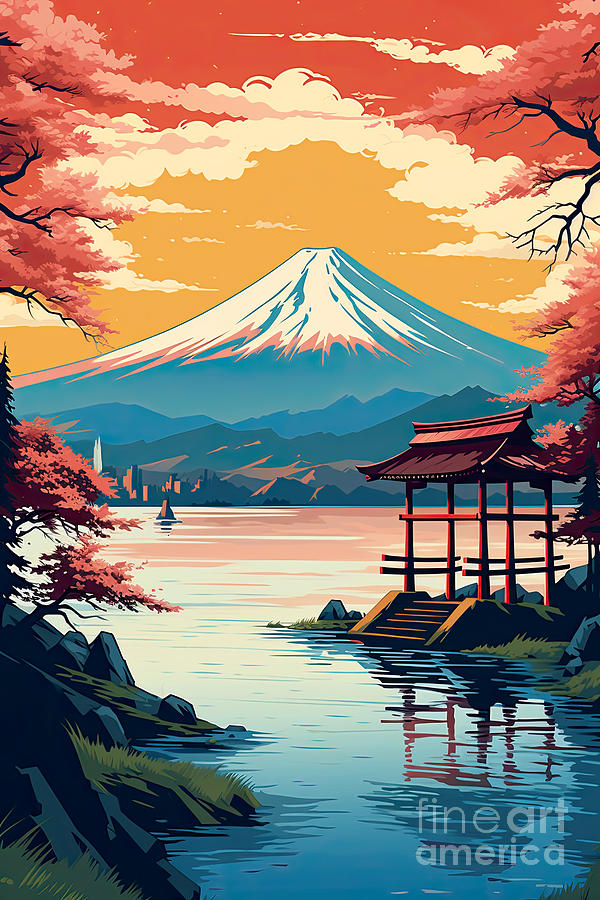 Retro style travel poster with Mount Fuji and a Torii gate on a lake ...