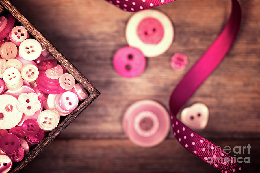 Retro styled pink buttons and ribbon Photograph by Jane Rix