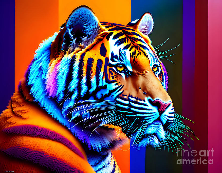 Retro Tiger on Multicolored Background Painting by Caleb Ongoro - Pixels