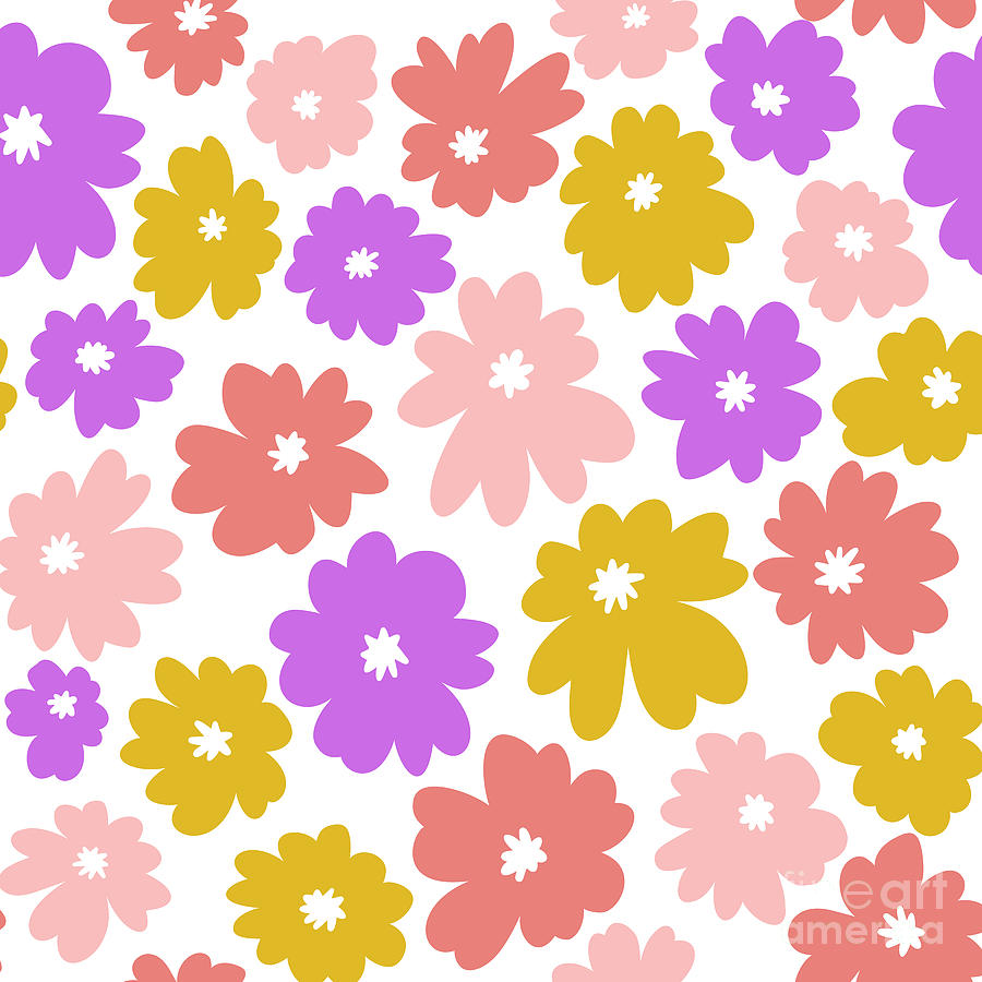 Retro Uneven Flowers Purple Ocher Pink Mallow Petals White Background ...