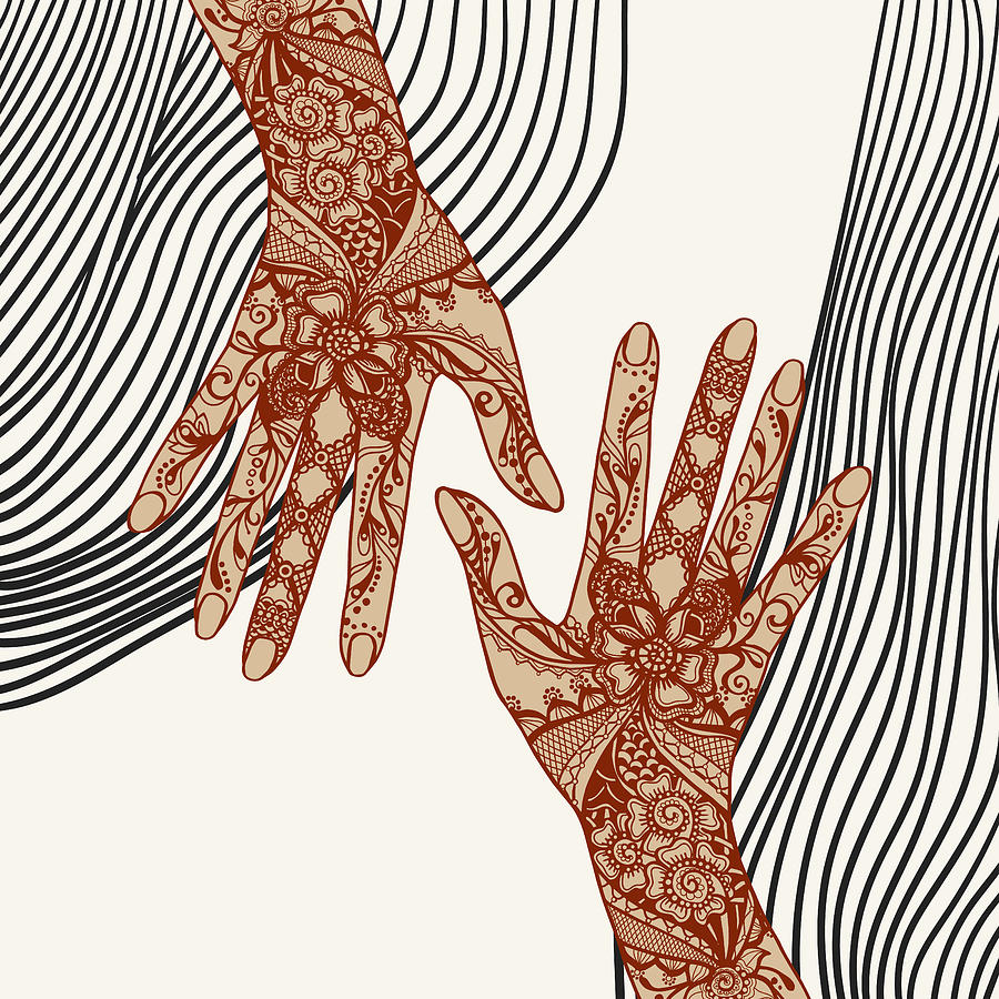 Black And White Drawing - Retro vintage aesthetic female hands covered with traditional indian mehendi henna tattoo ornaments. by Mounir Khalfouf
