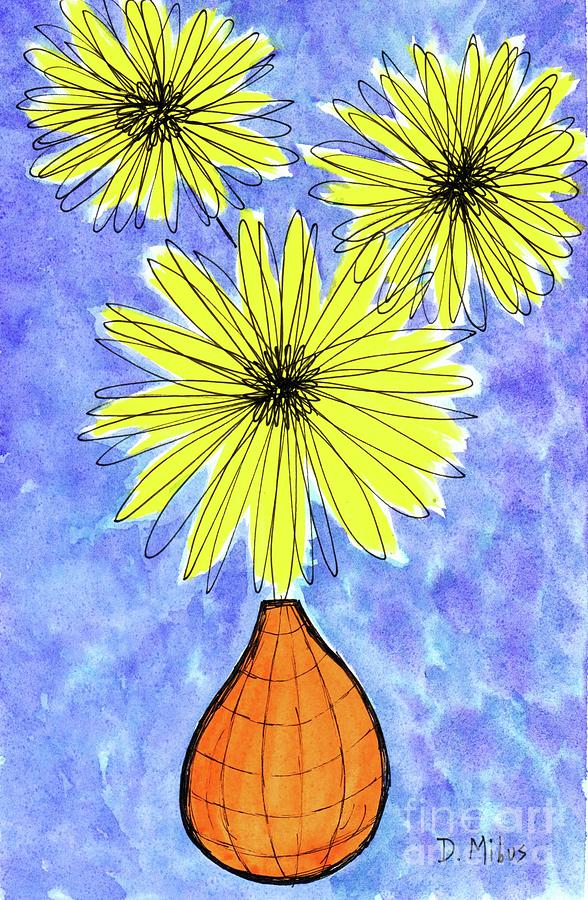 Retro Yellow Flowers in Orange Vase Painting by Donna Mibus