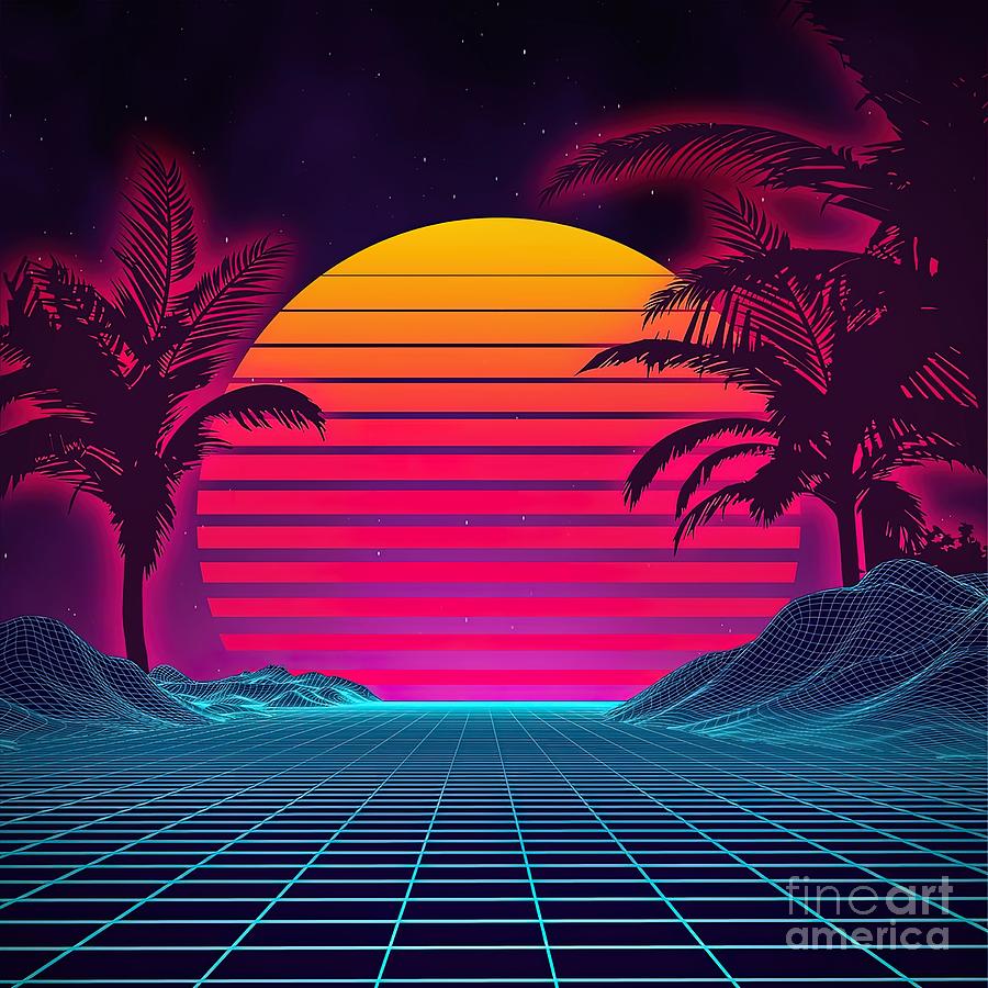 Retrowave 80s Sunset Palm Tree Landscape Painting by Harris Clarke ...