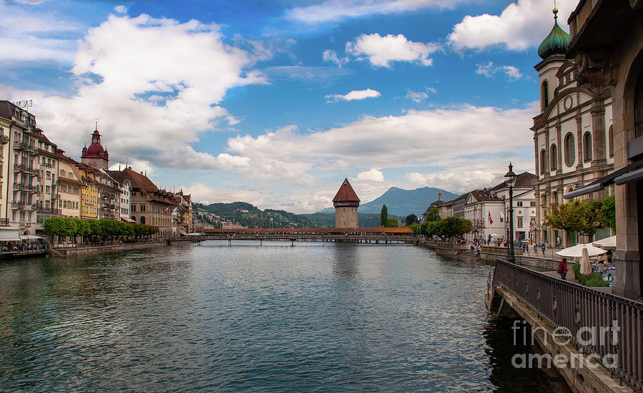 Reuss River and Chapel bridge Lucerne Switzerland panorama Photograph by Dejan Jovanovic