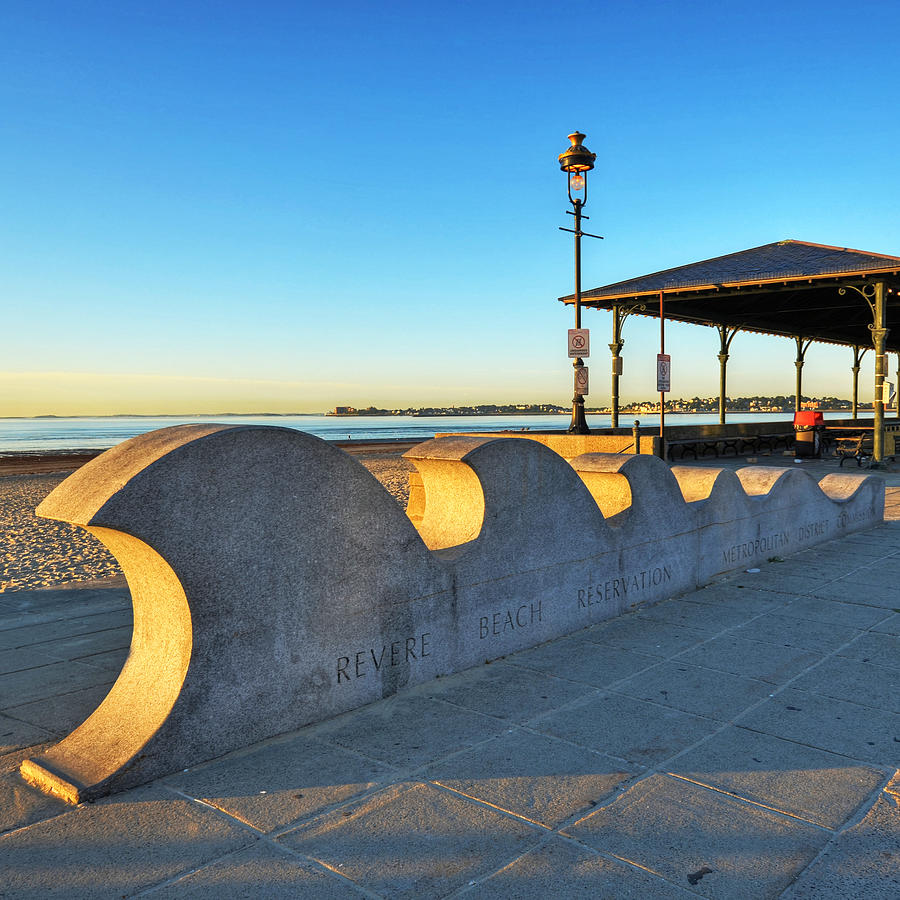 Revere Beach Waves Statue at Sunrise Square Photograph by Toby McGuire