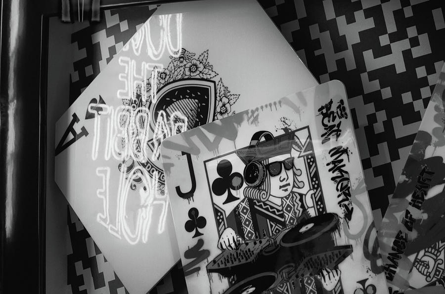 Reverse Down the Rabbit Hole Neon Reflection in Poker Cards Pop Art Las Vegas Black and White Photograph by Shawn OBrien