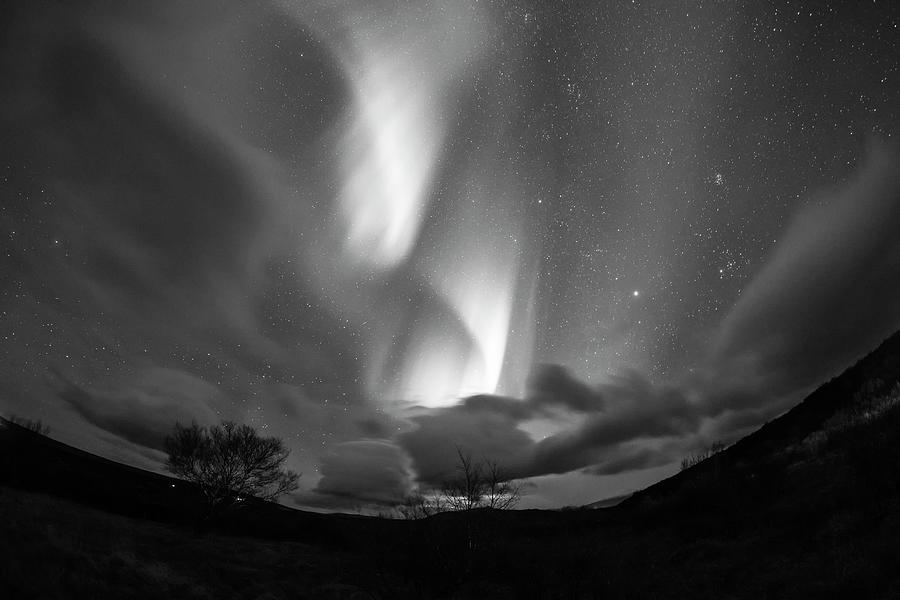 Reykholt Iceland swirly Northern Lights Black and White Photograph by Toby McGuire