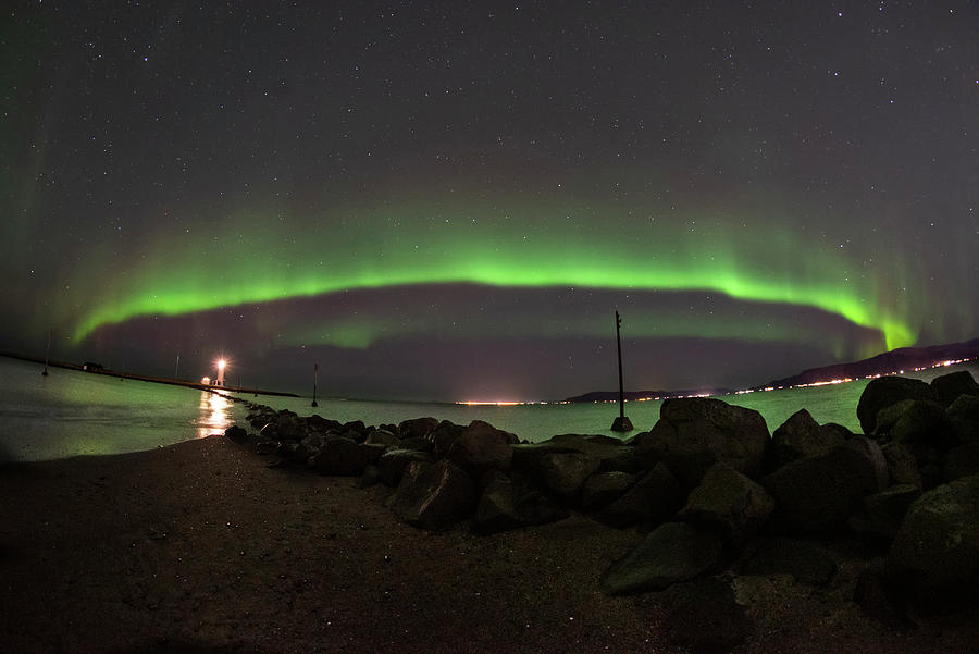 Reykjavik Iceland Beautiful Northern Lights at the Grotta Lighthouse Full Band Photograph by Toby McGuire
