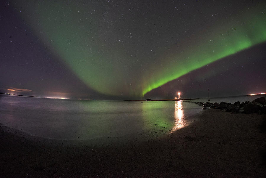 Reykjavik Iceland Beautiful Northern Lights at the Grotta Lighthouse Green Blast Photograph by Toby McGuire