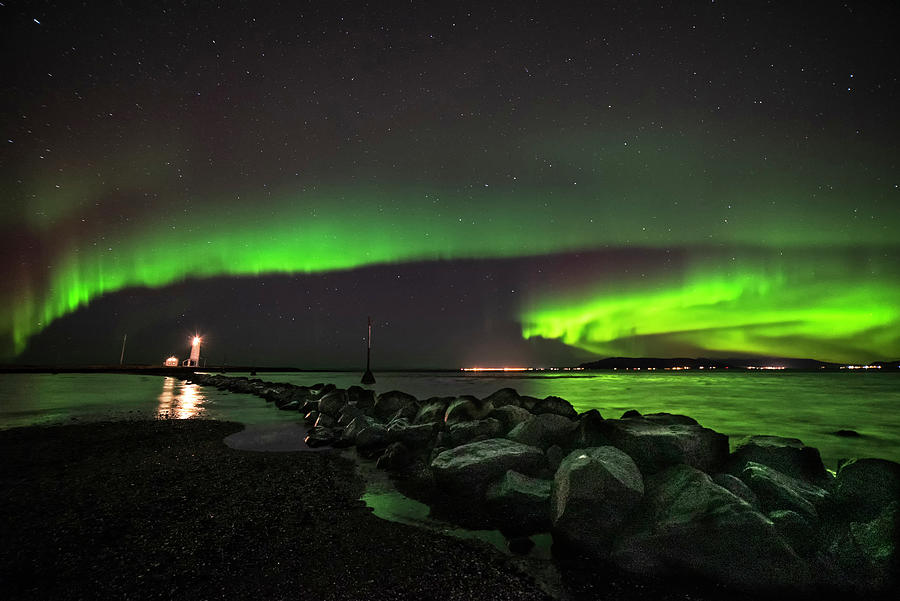 Reykjavik Iceland Beautiful Northern Lights at the Grotta Lighthouse Photograph by Toby McGuire