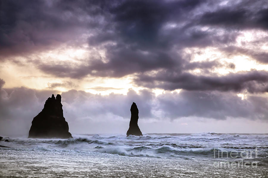 Reynisdrangar basalt rock columns at sunrise, Iceland Photograph by Jane Rix