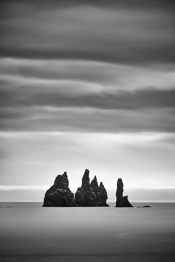 Reynisdrangar Basalt Sea Stacks in Iceland in Black and White Photograph by Alexios Ntounas