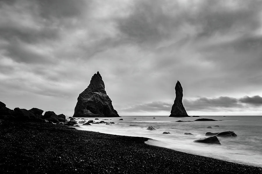 Reynisfjara Black Sand Beach and Reynisdrangar in Iceland in Black and White Photograph by Alexios Ntounas