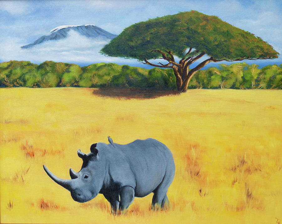 Rhino and Kilimanjaro Painting by Tracy Hutchinson