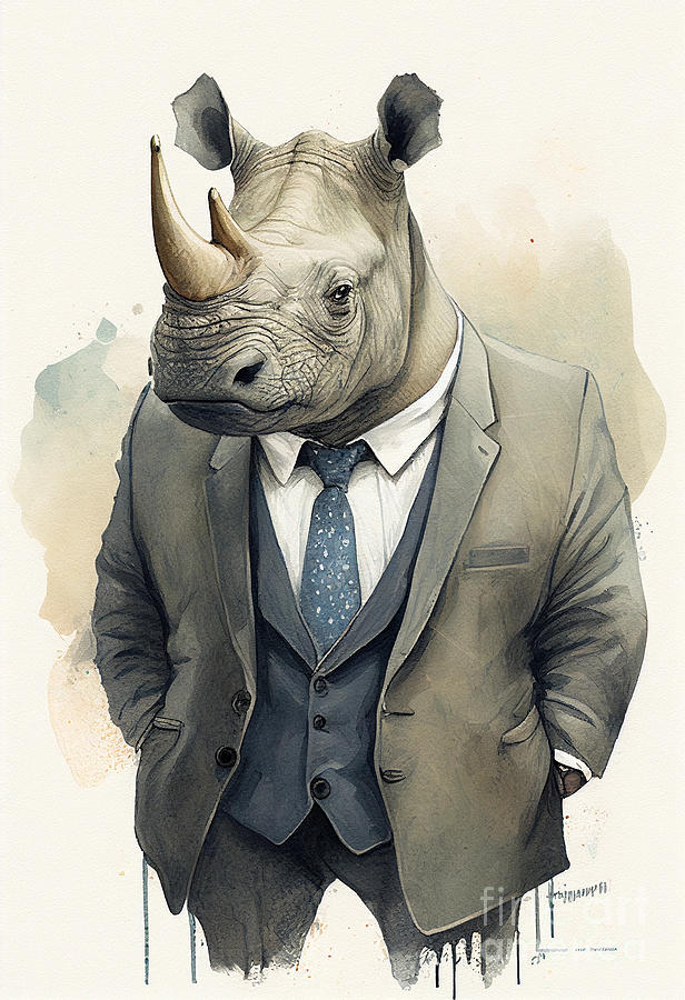 rhino in Suit Watercolor Hipster Animal Retro Costume Painting by