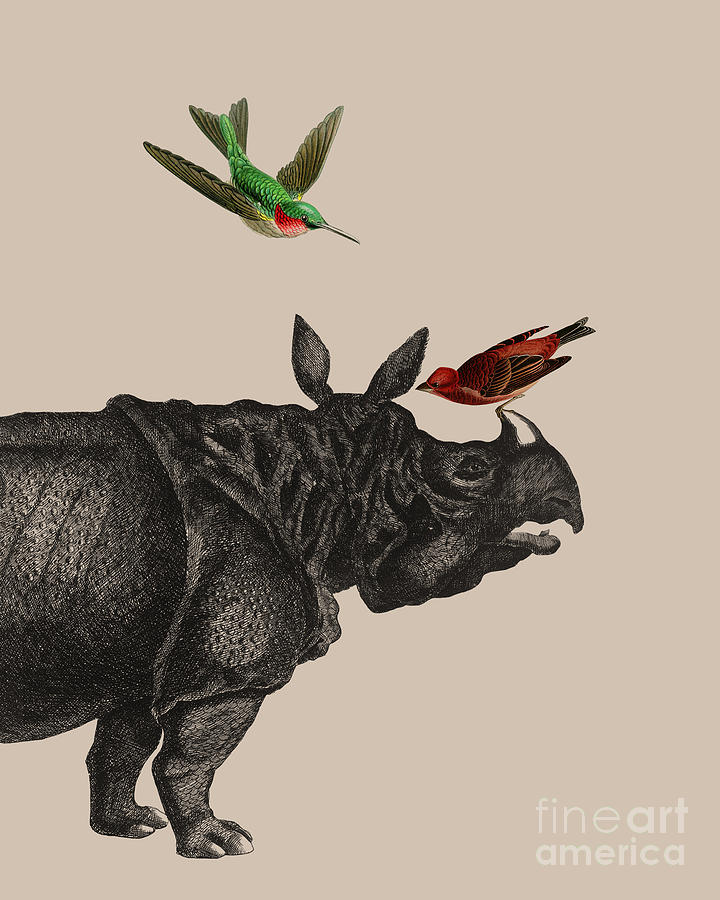 Bird Digital Art - Rhinoceros With Green And Red Birds by Madame Memento