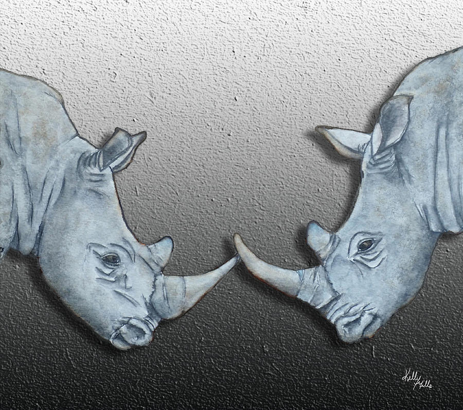 Rhinos Gentle Touch Grey Painting by Kelly Mills