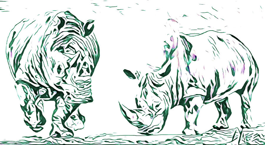 Rhinos in Line Digital Art by Loraine Yaffe
