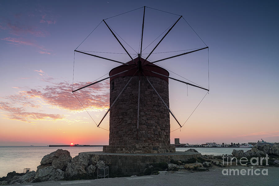 Rhodes Windmill Facade At Sunrise Photograph