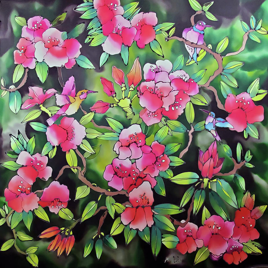 Rhododendron with hummingbirds Tapestry - Textile by Karla Kay Benjamin