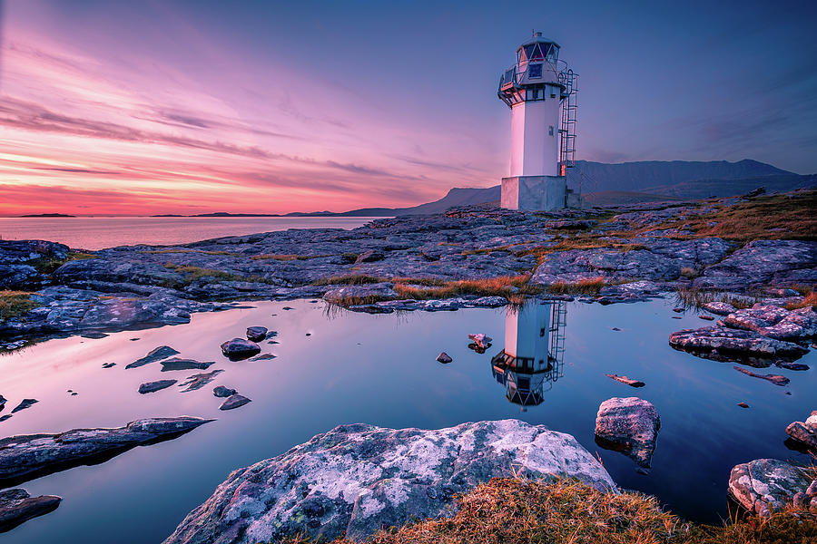 Rhue Lighthouse Reflection at Sunset Photograph by John Frid - Fine Art