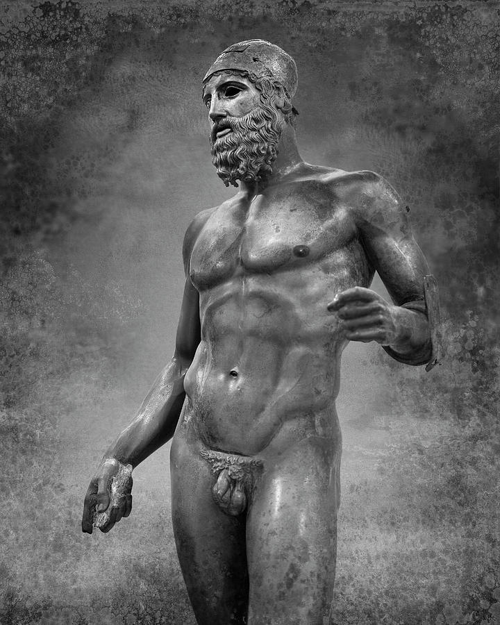 Riace Ancient Greek Bronze Statue black and white print #1 Sculpture by Paul E Williams