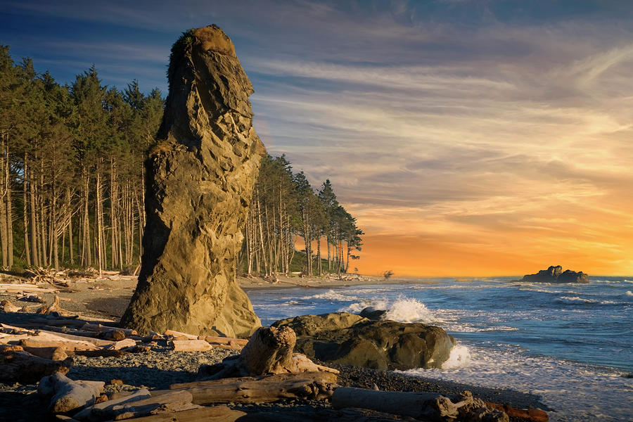 Rialto Beach At Sunset With Sea Stack In Olympic National Park Photograph