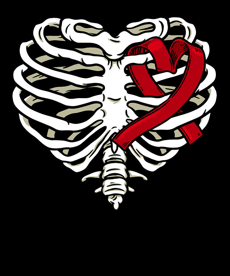Skeleton Digital Art - Ribcage Heart Ribbon Gothic Bones Skeleton Death Grave Aesthetic Dark by Toms Tee Store